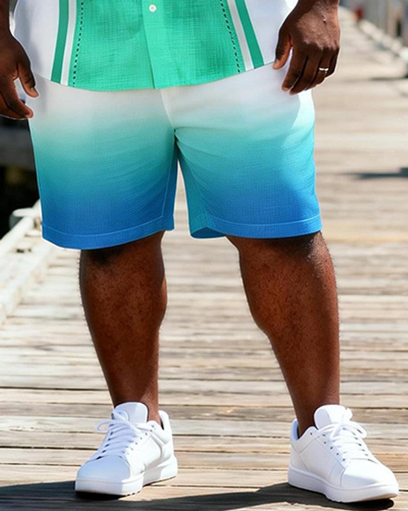 Big & Tall Men's Blue And White Gradient Striped Printed Short Sleeve Shirt Shorts Set