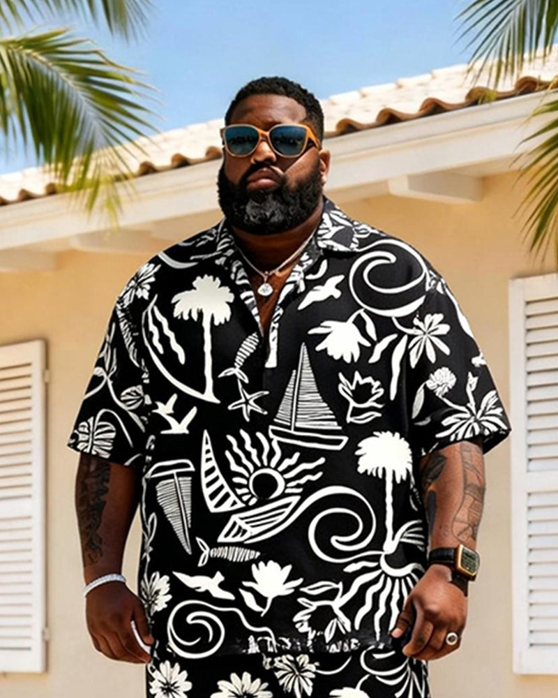 Big & Tall Men's Black And White Nautical Elements Print Short Sleeve Shirt Shorts Set