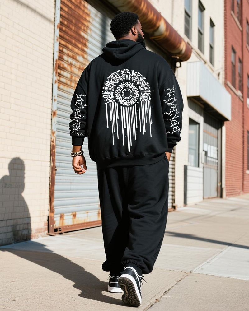 Big & Tall Men's Black Gothic Letter Print Hoodie Set