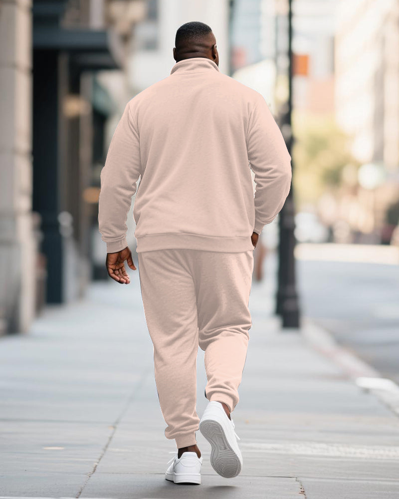 Big & Tall Men's Pink Geometric Print POLO Collar Zipper Long Sleeve Pants Two-Piece Set