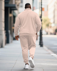 Big & Tall Men's Pink Geometric Print POLO Collar Zipper Long Sleeve Pants Two-Piece Set