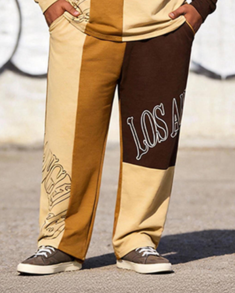 Big & Tall Men's Los Angeles Contrast Patchwork Printed Long Sleeve T-Shirt Pants Set