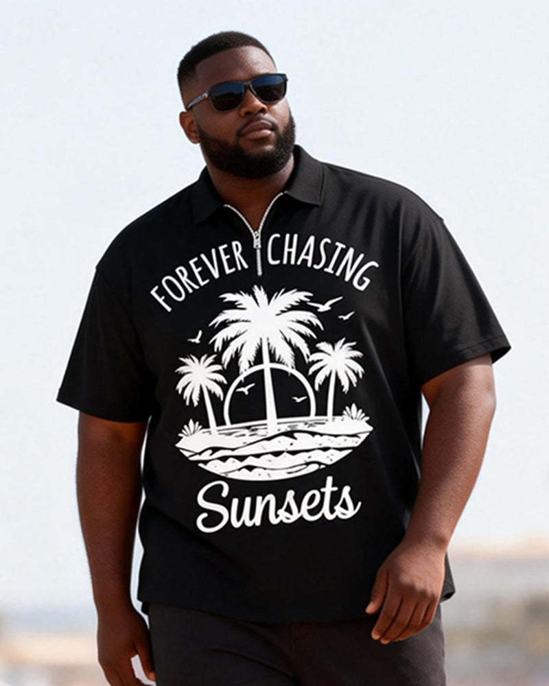 Big & Tall Men's Sun-chasing Coconut Tree Printed Zipper Polo Short-sleeved Pants Set