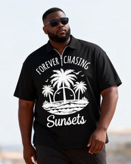 Big & Tall Men's Sun-chasing Coconut Tree Printed Zipper Polo Short-sleeved Pants Set