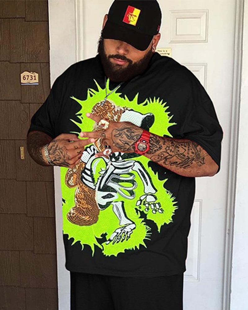 Big & Tall Men's Distressed Grey Spades Print Round Neck Short Sleeve T-Shirt Shorts Set