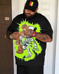 Big & Tall Men's Distressed Grey Spades Print Round Neck Short Sleeve T-Shirt Shorts Set