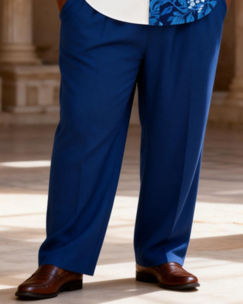 Big & Tall Men's Blue Flower Contrast Printed Short Sleeve Shirt Pants Set