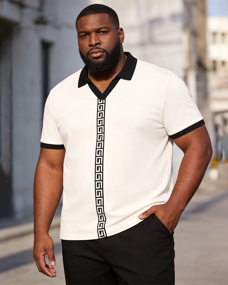 Big & Tall Men's Printed Large Size V-neck Short Sleeve Polo Shirt With Vertical Stripes