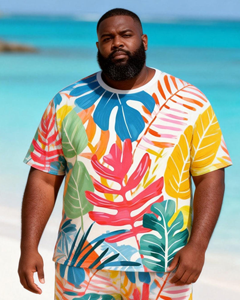 Big & Tall Men's Watercolor Tropical Plant Print Round Neck Short Sleeve T-Shirt Shorts Set