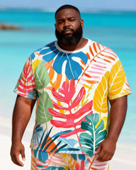 Big & Tall Men's Watercolor Tropical Plant Print Round Neck Short Sleeve T-Shirt Shorts Set