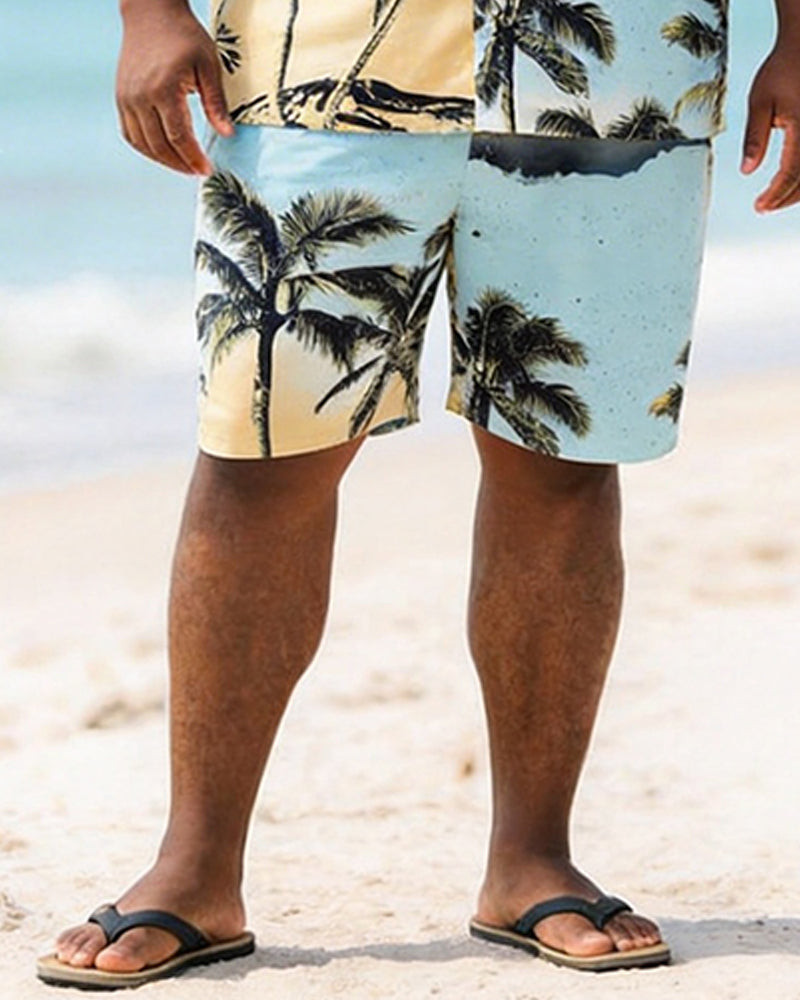 Big & Tall Men's Yellow And Blue Gradient Coconut Printed Short Sleeve Shirt Shorts Set