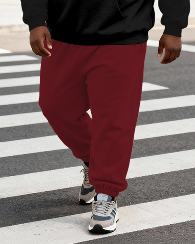 Big & Tall Men's Wine Red Contrast Geometric Print Hoodie Set