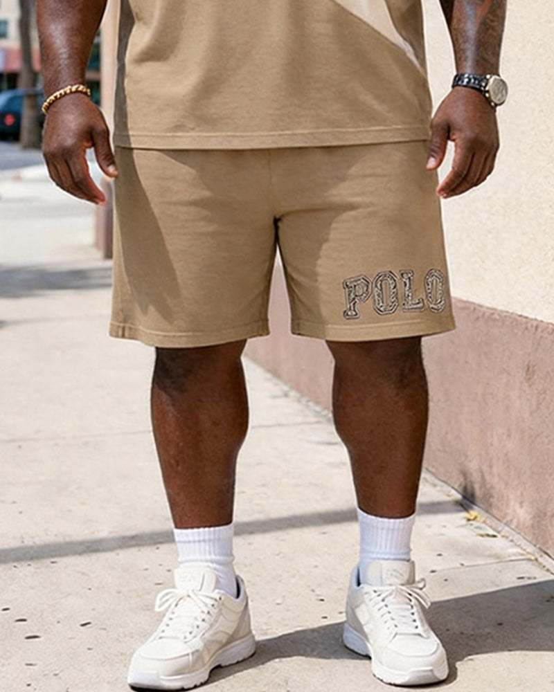 Big & Tall Men's Earth Color Stitching POLO Letter Printing Round Neck Short Sleeve T-shirt Shorts Set