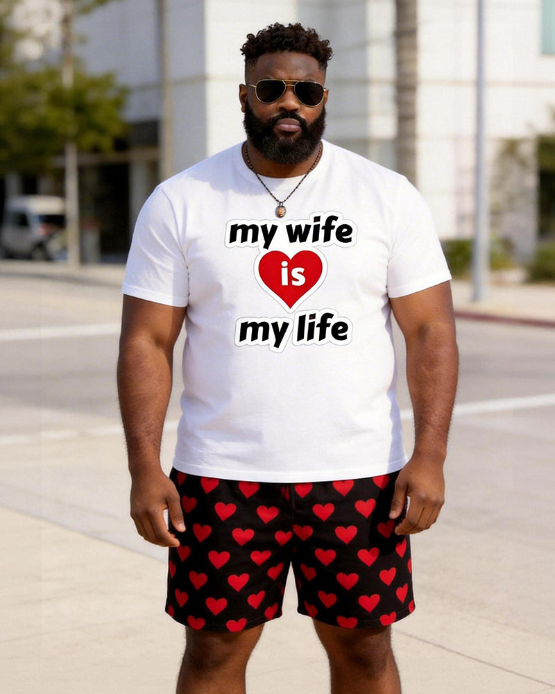 Big & Tall Men's "my Wife Is My Life" Red Love Printed Crew Neck Short Sleeve T-shirt Shorts Set