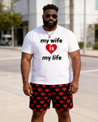 Big & Tall Men's "my Wife Is My Life" Red Love Printed Crew Neck Short Sleeve T-shirt Shorts Set