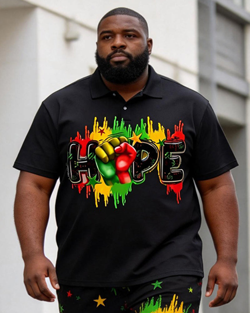 Big & Tall Men's HOPE Fist Print Splash Ink Print POLO Short Sleeve Shorts Set