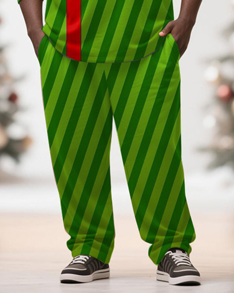 Big & Tall Men's Christmas Gift Green Stripe Printed Long Sleeve T-Shirt Pants Set