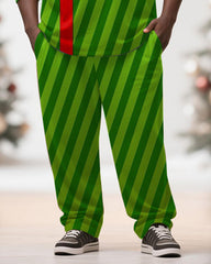Big & Tall Men's Christmas Gift Green Stripe Printed Long Sleeve T-Shirt Pants Set