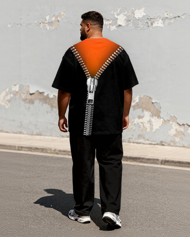 Big & Tall Men's Contrast Orange And Black Zipper Printed T-Shirt Pants Set