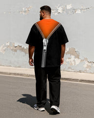 Big & Tall Men's Contrast Orange And Black Zipper Printed T-Shirt Pants Set