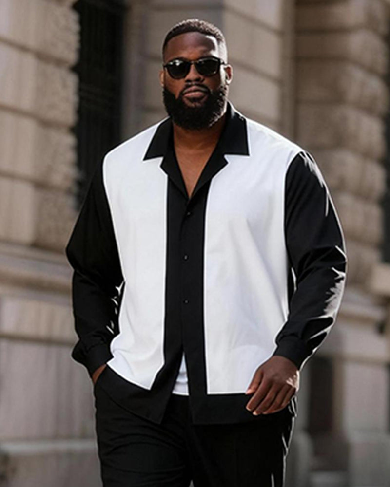 Big & Tall Men's Black And White Contrast Stitching Printed Long Sleeve Shirt Trousers Suit