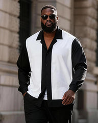 Big & Tall Men's Black And White Contrast Stitching Printed Long Sleeve Shirt Trousers Suit