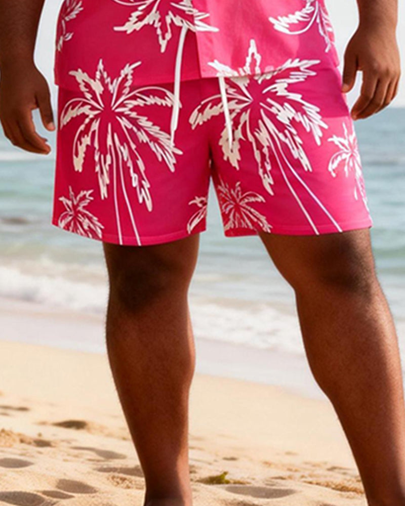 Big & Tall Men's Rose Red Coconut Printed Short Sleeve Shirt Shorts Set