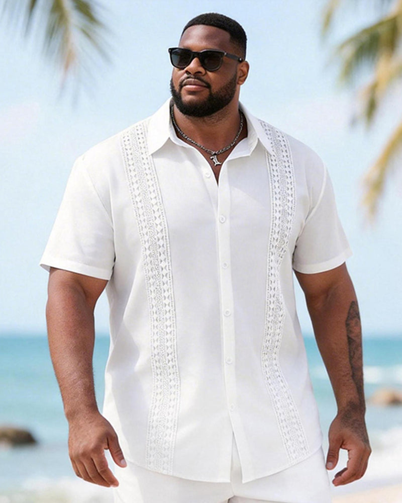Big & Tall Men's White Exquisite Lace Print Short Sleeve Shirt Shorts Set