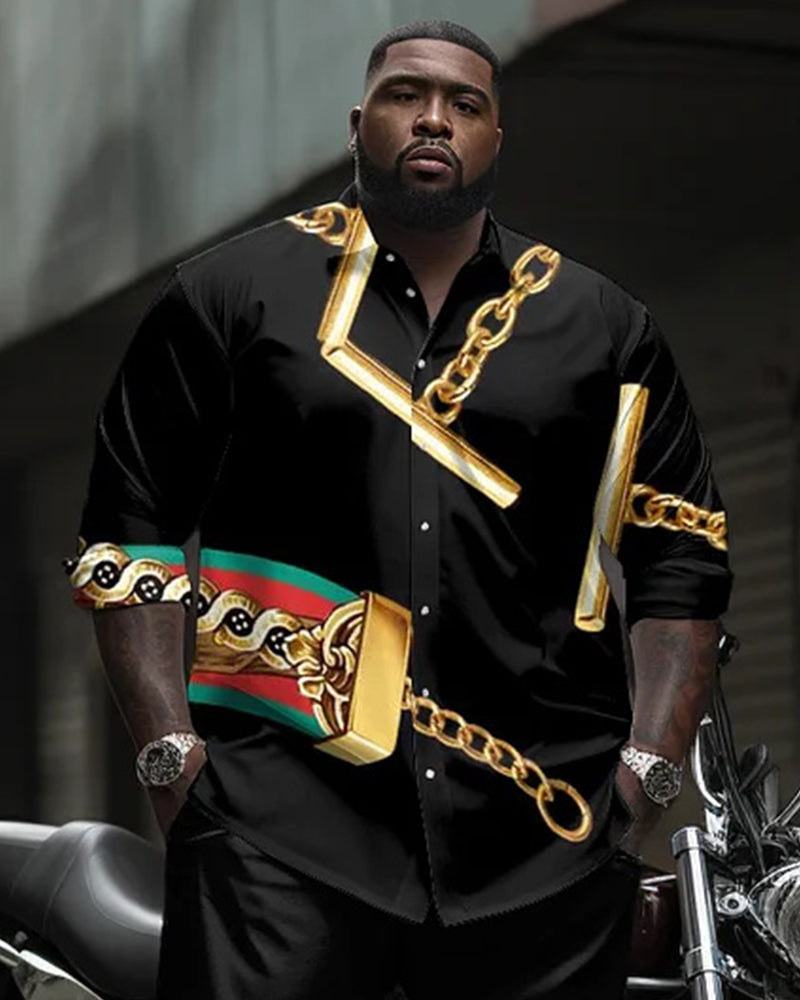 Big & Tall Men's Black Gold Chain Print Long Sleeve Shirt Pants Set