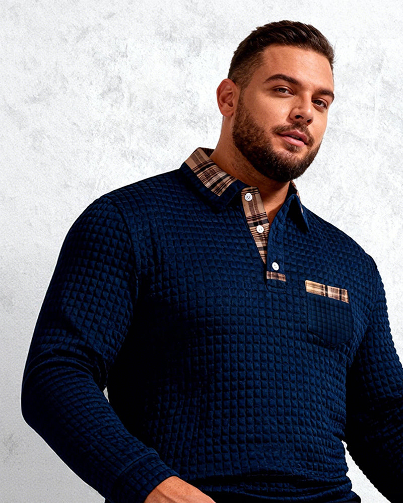 Big & Tall Men's Plaid Pocket Lapel Long Sleeve Polo M-3XL
