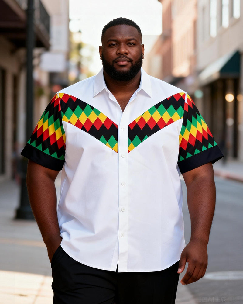 Big & Tall Men's Red, Yellow And Green Diamond Print Short Sleeve Shirt