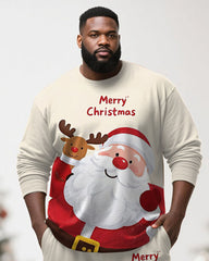 Big & Tall Men's Merry Christmas Cartoon Apricot Printed Long Sleeve T-Shirt Pants Set