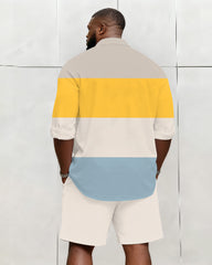 Big & Tall Men's Business Blue Yellow Beige Color Matching Printed Long Sleeve Shirt Shorts Set