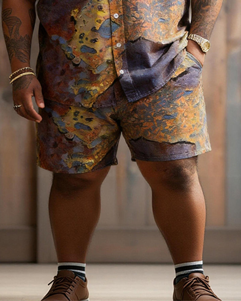 Big & Tall Men's Retro Distressed Tie-dye Color Block Printed Short Sleeve Shirt Shorts Set