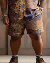 Big & Tall Men's Retro Distressed Tie-dye Color Block Printed Short Sleeve Shirt Shorts Set