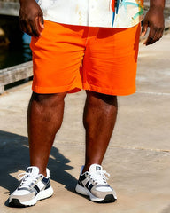 Big & Tall Men's Orange And White Color Block Parrot Print Short Sleeve Shirt Shorts Set