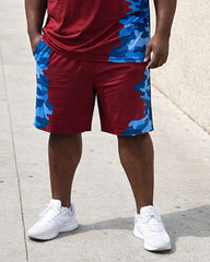 Big & Tall Men's Burgundy Blue Camouflage Stitching Flag Print Crew Neck Short Sleeve T-shirt Shorts Set
