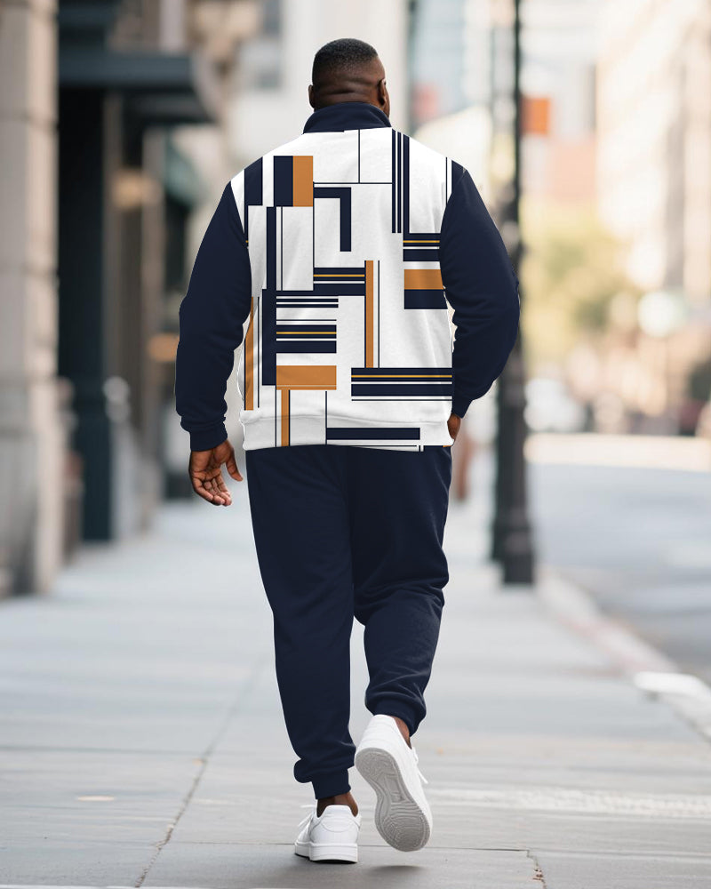 Big & Tall Men's Blue Geometric Print POLO Collar Zipper Long Sleeve Pants Two-Piece Set