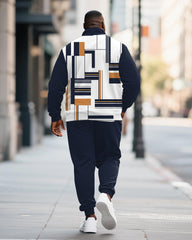 Big & Tall Men's Blue Geometric Print POLO Collar Zipper Long Sleeve Pants Two-Piece Set