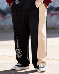 Big & Tall Men's Black Wine Red Color Block Rose Print Long Sleeve T-shirt Trousers Set