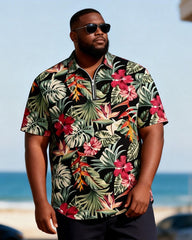 Big & Tall Men's Tropical Floral Print Zipper Polo Short Sleeve Pants Set