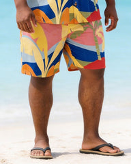 Big & Tall Men's Color Contrast Geometric Palm Leaf Print Short Sleeve Shirt Shorts Set