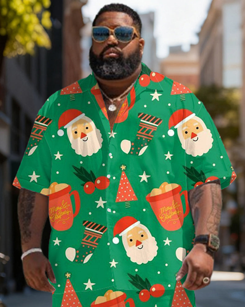 Big & Tall Men's Santa Claus Graffiti Green Print Short Sleeve Shirt Shorts Set