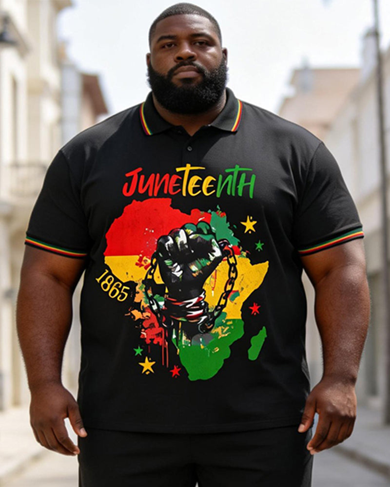 Big & Tall Men's Juneteenth Africa Map Break Free Chain Print POLO Short Sleeve Shorts Set
