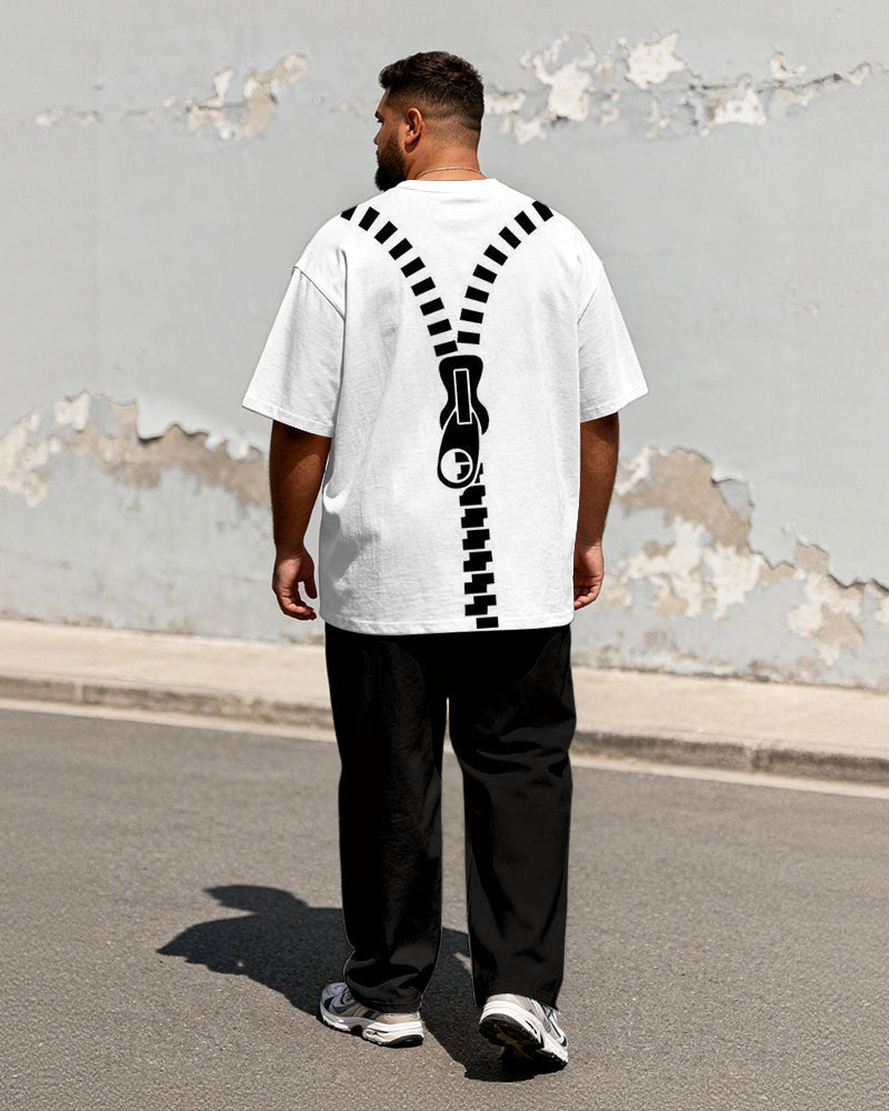 Big & Tall Men's Minimalist Black And White Contrast Zipper Printed T-Shirt Pants Set