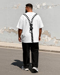 Big & Tall Men's Minimalist Black And White Contrast Zipper Printed T-Shirt Pants Set