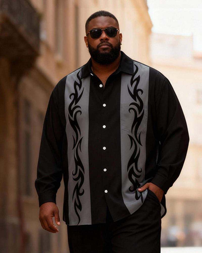 Big & Tall Men's Black And Gray Flame Pattern Stitching Printed Long Sleeve Shirt Trousers Set