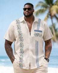 Big & Tall Men's Blue Flower Floral Striped Print Short Sleeve Shirt Shorts Set