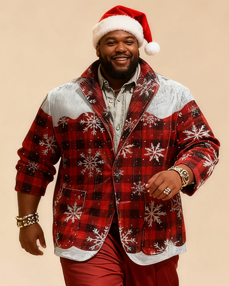 Big & Tall Men's Christmas Red And Black Plaid Snowflake Print Suit