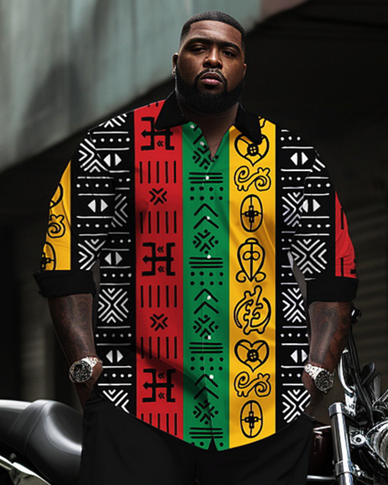 Big & Tall Men's Pan-African Three-Color Geometric Patchwork Printed Long-Sleeved Shirt Pants Set